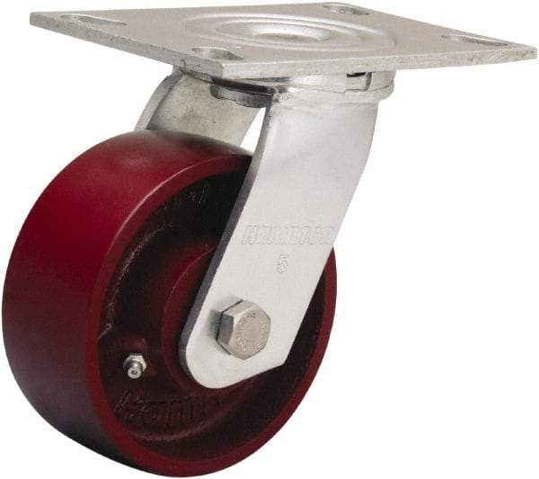 Hamilton - 5" Diam x 2" Wide x 6-1/2" OAH Top Plate Mount Swivel Caster - Cast Iron, 1,250 Lb Capacity, Sealed Precision Ball Bearing, 4-1/2 x 6-1/4" Plate - Apex Tool & Supply
