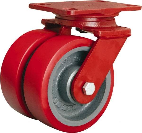 Hamilton - 6" Diam x 2" Wide x 7-3/4" OAH Top Plate Mount Swivel Caster - Polyurethane Mold on Forged Steel, 2,500 Lb Capacity, Sealed Precision Ball Bearing, 4-1/2 x 6-1/2" Plate - Apex Tool & Supply