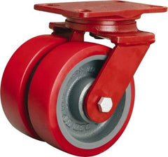 Hamilton - 6" Diam x 2" Wide x 7-3/4" OAH Top Plate Mount Dual Swivel Caster - Polyurethane Mold on Forged Steel, 2,500 Lb Capacity, Tapered Roller Bearing, 4-1/2 x 6-1/2" Plate - Apex Tool & Supply