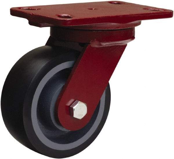 Hamilton - 5" Diam x 2" Wide x 6-3/4" OAH Top Plate Mount Swivel Caster - Polyurethane Mold onto Cast Iron Center, 1,360 Lb Capacity, Tapered Roller Bearing, 4-1/2 x 6-1/2" Plate - Apex Tool & Supply