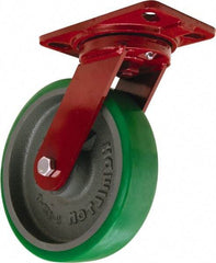 Hamilton - 8" Diam x 2" Wide x 9-3/4" OAH Top Plate Mount Swivel Caster - Polyurethane Mold onto Cast Iron Center, 1,500 Lb Capacity, Tapered Roller Bearing, 4-1/2 x 6-1/2" Plate - Apex Tool & Supply