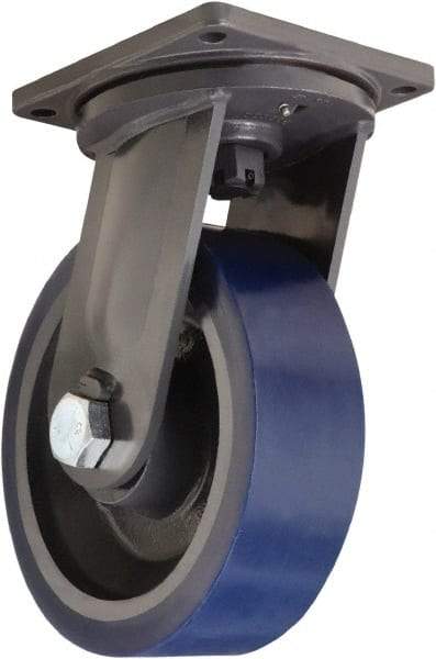 Hamilton - 12" Diam x 4" Wide x 15-1/2" OAH Top Plate Mount Swivel Caster - Polyurethane Mold on Forged Steel, 7,200 Lb Capacity, Tapered Roller Bearing, 8-1/2 x 8-1/2" Plate - Apex Tool & Supply