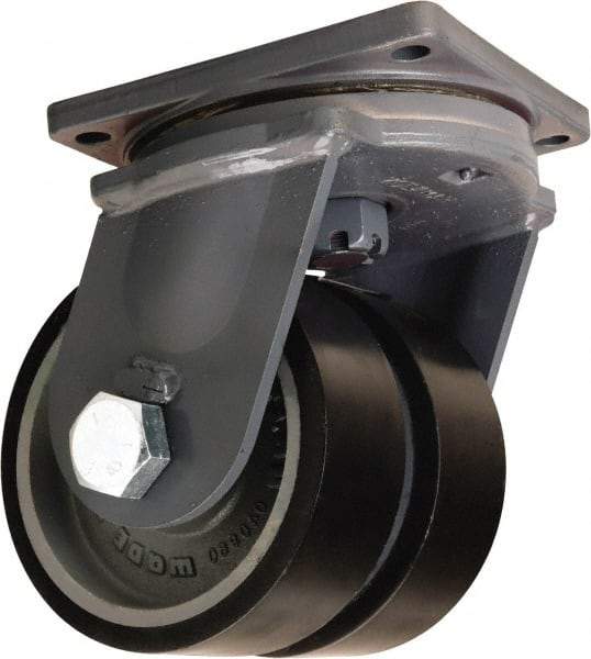 Hamilton - 8" Diam x 3" Wide x 11" OAH Top Plate Mount Dual Swivel Caster - Polyurethane Mold onto Cast Iron Center, 6,500 Lb Capacity, Tapered Roller Bearing, 8-1/2 x 8-1/2" Plate - Apex Tool & Supply