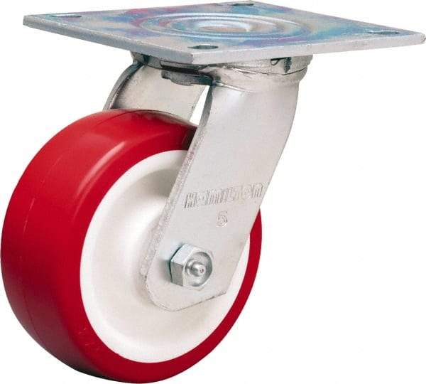 Hamilton - 5" Diam x 2" Wide x 6-1/2" OAH Top Plate Mount Swivel Caster - Polyurethane Mold on Polypropylene, 900 Lb Capacity, Straight Roller Bearing, 5 x 5-1/2" Plate - Apex Tool & Supply