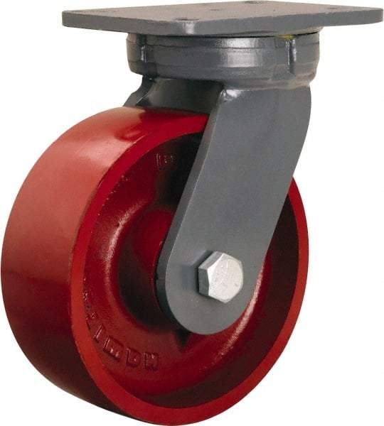 Hamilton - 8" Diam x 3" Wide x 10-1/2" OAH Top Plate Mount Swivel Caster - Cast Iron, 2,600 Lb Capacity, Precision Ball Bearing, 5-1/4 x 7-1/4" Plate - Apex Tool & Supply