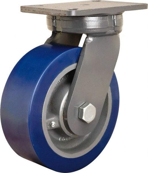 Hamilton - 8" Diam x 3" Wide x 10-1/2" OAH Top Plate Mount Swivel Caster - Polyurethane Mold on Forged Steel, 3,500 Lb Capacity, Straight Roller Bearing, 5-1/4 x 7-1/4" Plate - Apex Tool & Supply