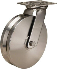 Hamilton - 8" Diam x 2" Wide, Stainless Steel Swivel Caster - 800 Lb Capacity, Top Plate Mount, 3-3/4" x 4-1/2" Plate, Stainless Steel Precision Ball Bearing - Apex Tool & Supply