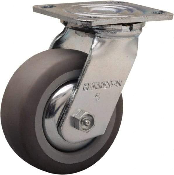 Hamilton - 5" Diam x 2" Wide x 6-1/2" OAH Top Plate Mount Swivel Caster - Rubber Mold on Polyolefin, 350 Lb Capacity, Straight Roller Bearing, 4 x 4-1/2" Plate - Apex Tool & Supply