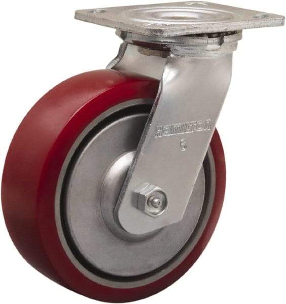 Hamilton - 6" Diam x 2" Wide x 7-1/2" OAH Top Plate Mount Swivel Caster - Polyurethane on Aluminum, 900 Lb Capacity, Straight Roller Bearing, 4 x 4-1/2" Plate - Apex Tool & Supply