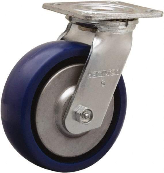 Hamilton - 6" Diam x 2" Wide x 7-1/2" OAH Top Plate Mount Swivel Caster - Polyurethane, 900 Lb Capacity, Sealed Precision Ball Bearing, 4 x 4-1/2" Plate - Apex Tool & Supply