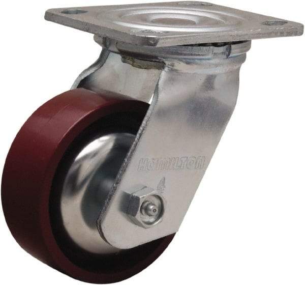 Hamilton - 4" Diam x 1-1/2" Wide x 5-5/8" OAH Top Plate Mount Swivel Caster - Cast Iron, 550 Lb Capacity, Straight Roller Bearing, 4 x 4-1/2" Plate - Apex Tool & Supply