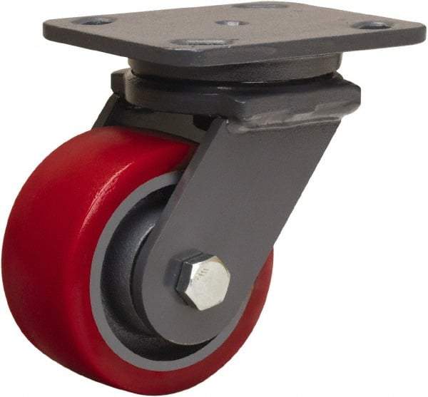 Hamilton - 4" Diam x 2" Wide x 5-5/8" OAH Top Plate Mount Swivel Caster - Polyurethane Mold onto Cast Iron Center, 900 Lb Capacity, Sealed Precision Ball Bearing, 4 x 5" Plate - Apex Tool & Supply