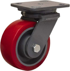 Hamilton - 5" Diam x 2" Wide x 6-1/2" OAH Top Plate Mount Swivel Caster - Polyurethane Mold on Forged Steel, 1,250 Lb Capacity, Sealed Precision Ball Bearing, 4 x 5" Plate - Apex Tool & Supply