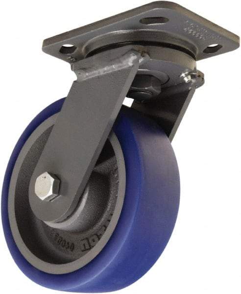 Hamilton - 6" Diam x 2" Wide x 7-1/2" OAH Top Plate Mount Swivel Caster - Polyurethane Mold onto Cast Iron Center, 960 Lb Capacity, Tapered Roller Bearing, 4 x 5" Plate - Apex Tool & Supply