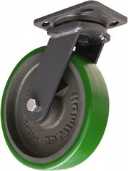 Hamilton - 8" Diam x 2" Wide x 9-1/2" OAH Top Plate Mount Swivel Caster - Polyurethane Mold onto Cast Iron Center, 1,500 Lb Capacity, Tapered Roller Bearing, 4 x 5" Plate - Apex Tool & Supply