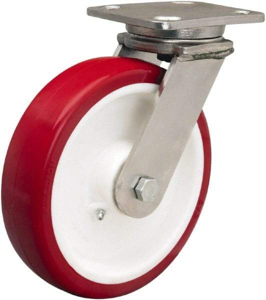 Hamilton - 8" Diam x 2" Wide x 9-1/2" OAH Top Plate Mount Swivel Caster - Polyurethane Mold on Polypropylene, 1,000 Lb Capacity, Delrin Bearing, 4 x 5" Plate - Apex Tool & Supply