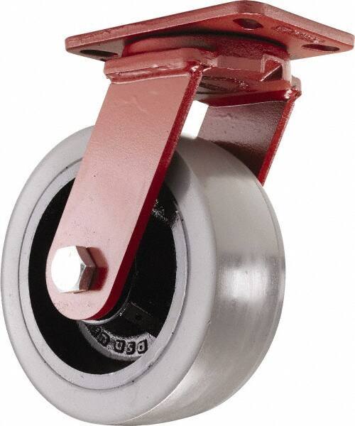 Hamilton - 8" Diam x 3" Wide x 10-1/4" OAH Top Plate Mount Swivel Caster - Polyurethane, 3,200 Lb Capacity, Sealed Precision Ball Bearing, 4-1/2 x 6-1/2" Plate - Apex Tool & Supply