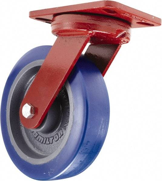 Hamilton - 8" Diam x 2" Wide x 9-3/4" OAH Top Plate Mount Swivel Caster - Polyurethane, 1,650 Lb Capacity, Sealed Precision Ball Bearing, 4-1/2 x 6-1/2" Plate - Apex Tool & Supply