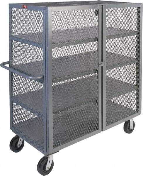 Jamco - 3,000 Lb Capacity, 4 Shelf, 4-Sided Steel Mesh Security Truck - 24" Long x 48" Wide x 57" High, 6" Diam Phenolic Wheels - Apex Tool & Supply