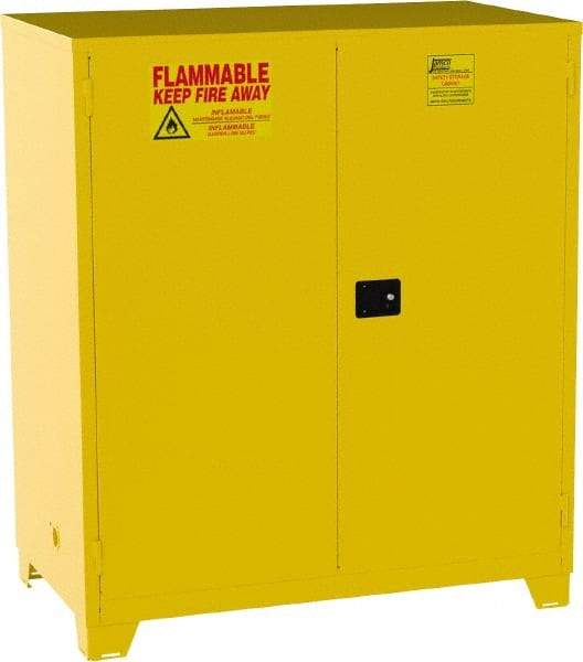 Jamco - 2 Door, 2 Shelf, Yellow Steel Double Wall Safety Cabinet for Flammable and Combustible Liquids - 70" High x 34" Wide x 59" Deep, Manual Closing Door, 3 Point Key Lock, 120 Gal Capacity - Apex Tool & Supply