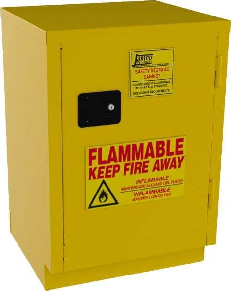 Jamco - 1 Door, 1 Shelf, Yellow Steel Double Wall Safety Cabinet for Flammable and Combustible Liquids - 35" High x 22" Wide x 24" Deep, Manual Closing Door, 3 Point Key Lock, 12 Gal Capacity - Apex Tool & Supply