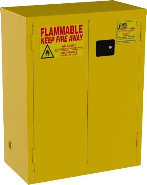 Jamco - 2 Door, 2 Shelf, Yellow Steel Double Wall Safety Cabinet for Flammable and Combustible Liquids - 44" High x 18" Wide x 34" Deep, Self Closing Door, 3 Point Key Lock, 28 Gal Capacity - Apex Tool & Supply