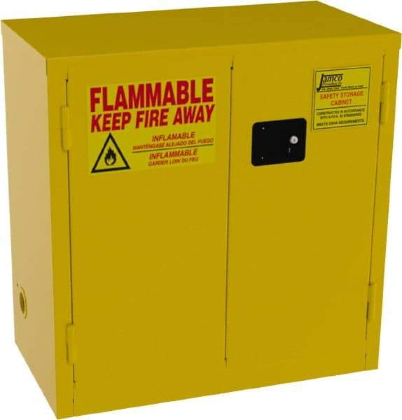 Jamco - 2 Door, 1 Shelf, Yellow Steel Double Wall Safety Cabinet for Flammable and Combustible Liquids - 35" High x 18" Wide x 34" Deep, Self Closing Door, 3 Point Key Lock, 22 Gal Capacity - Apex Tool & Supply