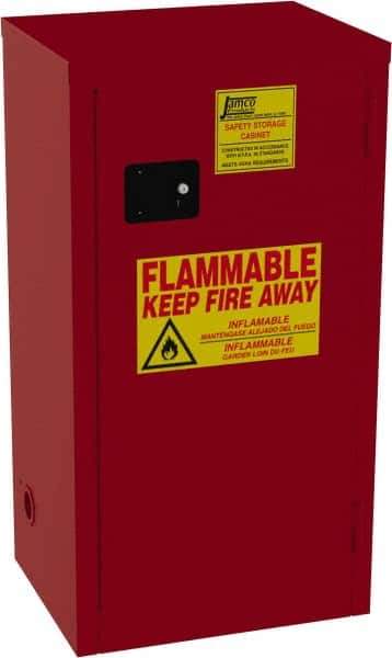 Jamco - 1 Door, 3 Shelf, Red Steel Double Wall Safety Cabinet for Flammable and Combustible Liquids - 44" High x 18" Wide x 23" Deep, Manual Closing Door, 3 Point Key Lock, 24 Gal Capacity - Apex Tool & Supply