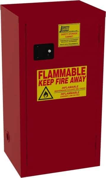 Jamco - 1 Door, 3 Shelf, Red Steel Double Wall Safety Cabinet for Flammable and Combustible Liquids - 35" High x 18" Wide x 23" Deep, Self Closing Door, 3 Point Key Lock, 24 Gal Capacity - Apex Tool & Supply