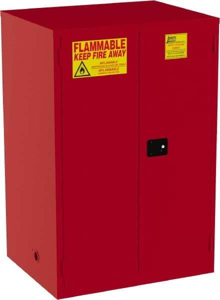 Jamco - 2 Door, 5 Shelf, Red Steel Double Wall Safety Cabinet for Flammable and Combustible Liquids - 65" High x 34" Wide x 43" Deep, Self Closing Door, 3 Point Key Lock, 120 Gal Capacity - Apex Tool & Supply