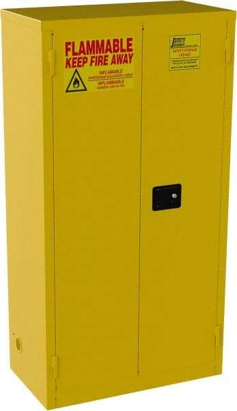Jamco - 2 Door, 3 Shelf, Yellow Steel Double Wall Safety Cabinet for Flammable and Combustible Liquids - 65" High x 18" Wide x 34" Deep, Manual Closing Door, 3 Point Key Lock, 44 Gal Capacity - Apex Tool & Supply