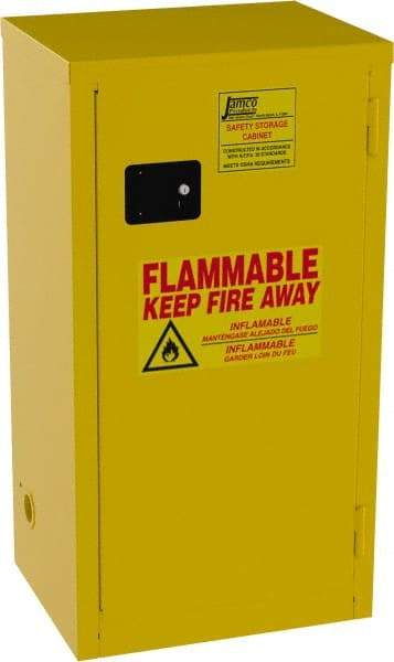 Jamco - 1 Door, 2 Shelf, Yellow Steel Double Wall Safety Cabinet for Flammable and Combustible Liquids - 44" High x 23" Wide x 18" Deep, Self Closing Door, 3 Point Key Lock, 18 Gal Capacity - Apex Tool & Supply