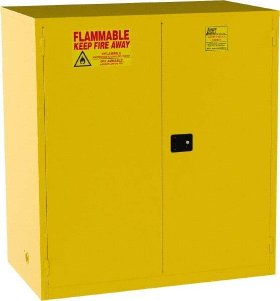 Jamco - 2 Door, 2 Shelf, Yellow Steel Double Wall Safety Cabinet for Flammable and Combustible Liquids - 65" High x 34" Wide x 59" Deep, Manual Closing Door, 3 Point Key Lock, 120 Gal Capacity - Apex Tool & Supply
