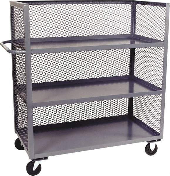 Jamco - 3,000 Lb Capacity, 3 Shelf, 3-Sided Steel Mesh Stock Truck - 30" Long x 48" Wide x 57" High, 6" Diam Phenolic Wheels - Apex Tool & Supply
