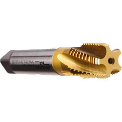 Emuge - 3/4-14 NPT, 5 Flutes, TiN Coated, Cobalt, Interrupted Thread Pipe Tap - 3-1/4 Inch Overall Length, 29/32 Inch Shank Diameter, 1.38 Inch Thread Length, 0.67 Inch Square Size, Modified Bottoming Chamfer, Series KEG - Apex Tool & Supply