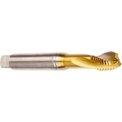 Emuge - 3/8-16 UNC 3 Flute 2BX Modified Bottoming Spiral Flute Tap - Cobalt, TiN Finish, 3.937" OAL, Right Hand Flute, Right Hand Thread, Series Rekord D - Apex Tool & Supply