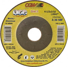 Camel Grinding Wheels - 36 Grit, 6" Wheel Diam, 3/32" Wheel Thickness, Type 27 Depressed Center Wheel - Medium Grade, Aluminum Oxide, Resinoid Bond, 10,200 Max RPM - Apex Tool & Supply