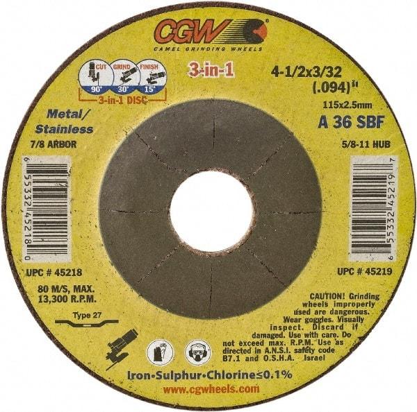 Camel Grinding Wheels - 36 Grit, 7" Wheel Diam, 3/32" Wheel Thickness, 7/8" Arbor Hole, Type 27 Depressed Center Wheel - Medium Grade, Aluminum Oxide, Resinoid Bond, 8,600 Max RPM - Apex Tool & Supply