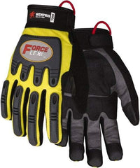 MCR Safety - Size XL Work Gloves - Adjustable Closure Cuff, Yellow Hi-Vis, Gray Leather, Red Logo, Hi-Vis Yellow Fabric, Paired - Apex Tool & Supply