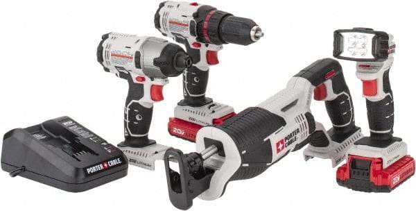 Porter-Cable - 20 Volt Cordless Tool Combination Kit - Includes 1/2" Drill/Driver, 1/4" Impact Driver, Reciprocating Saw & Flash Light, Lithium-Ion Battery Included - Apex Tool & Supply