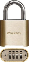 Master Lock - 2" Body Width x 3" Body Height, 1" Shackle Clearance, Brass Finish Combination Lock - 5/16" Shackle Diam, 1" Shackle Width, Set Your Own 4 Digit Combination - Apex Tool & Supply