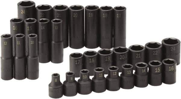 SK - 30 Piece 1/2" Drive Standard Deep Impact Socket Set - 6 Points, 8 to 24mm, Metric Measurement Standard - Apex Tool & Supply