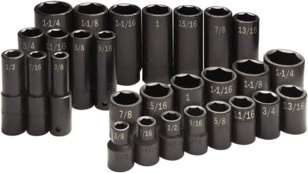 SK - 28 Piece 1/2" Drive Standard Deep Impact Socket Set - 6 Points, 3/8 to 1-1/4", Inch Measurement Standard - Apex Tool & Supply