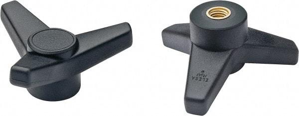 Elesa - 4" Head Diam, 3/8-16 Hole, 1-5/8" High, Glass Fibre Reinforced Technopolymer 3 Arm Knob - 1-7/16" Hub Diam, 1.42 Head Height, Female Insert Style, 3/4 Hole Depth, Black - Apex Tool & Supply