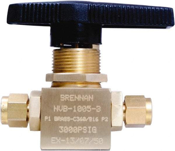 Brennan - 1/4" Pipe, Tube End Connections, Brass, Inline, Two Way Flow, Instrumentation Ball Valve - 3,000 psi WOG Rating, Nylon Handle, PTFE Seal, PFA Seat, Swaglok B-42S4 - Apex Tool & Supply