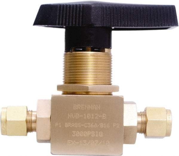 Brennan - 3/8" Pipe, Tube End Connections, Brass, Inline, Two Way Flow, Instrumentation Ball Valve - 3,000 psi WOG Rating, Nylon Handle, PTFE Seal, PFA Seat, Swaglok B-44S6 - Apex Tool & Supply