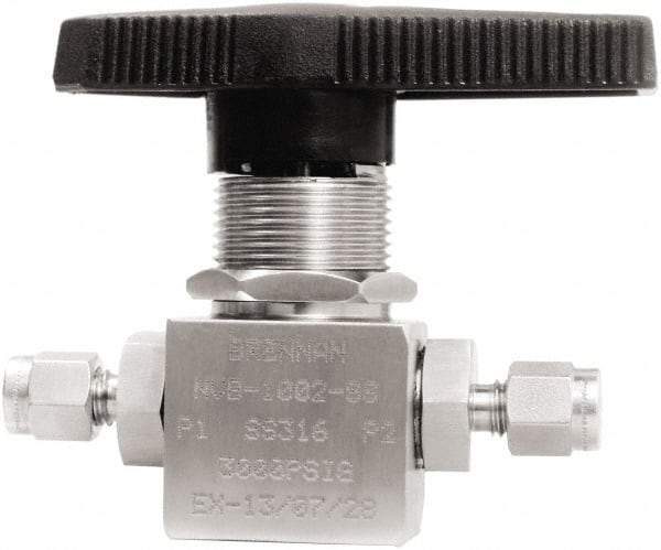 Brennan - 1/8" Pipe, Tube End Connections, Stainless Steel, Inline, Two Way Flow, Instrumentation Ball Valve - 3,000 psi WOG Rating, Nylon Handle, PTFE Seal, PFA Seat, Swaglok SS-41GS2 - Apex Tool & Supply