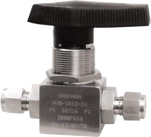 Brennan - 3/8" Pipe, Tube End Connections, Stainless Steel, Inline, Two Way Flow, Instrumentation Ball Valve - 3,000 psi WOG Rating, Nylon Handle, PTFE Seal, PFA Seat, Swaglok SS-44S6 - Apex Tool & Supply