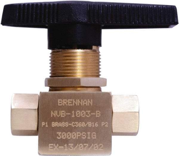 Brennan - 1/8" Pipe, NPT End Connections, Brass, Inline, Two Way Flow, Instrumentation Ball Valve - 3,000 psi WOG Rating, Nylon Handle, PTFE Seal, PFA Seat, Swaglok B-42F2 - Apex Tool & Supply