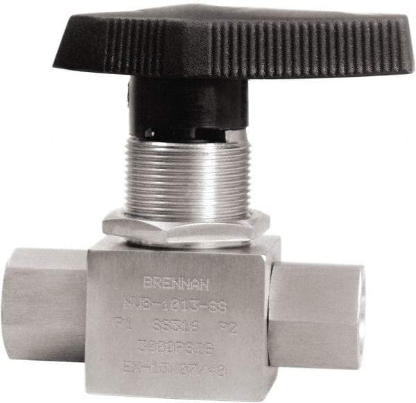 Brennan - 3/8" Pipe, NPT End Connections, Stainless Steel, Inline, Two Way Flow, Instrumentation Ball Valve - 3,000 psi WOG Rating, Nylon Handle, PTFE Seal, PFA Seat, Swaglok SS-44F6 - Apex Tool & Supply